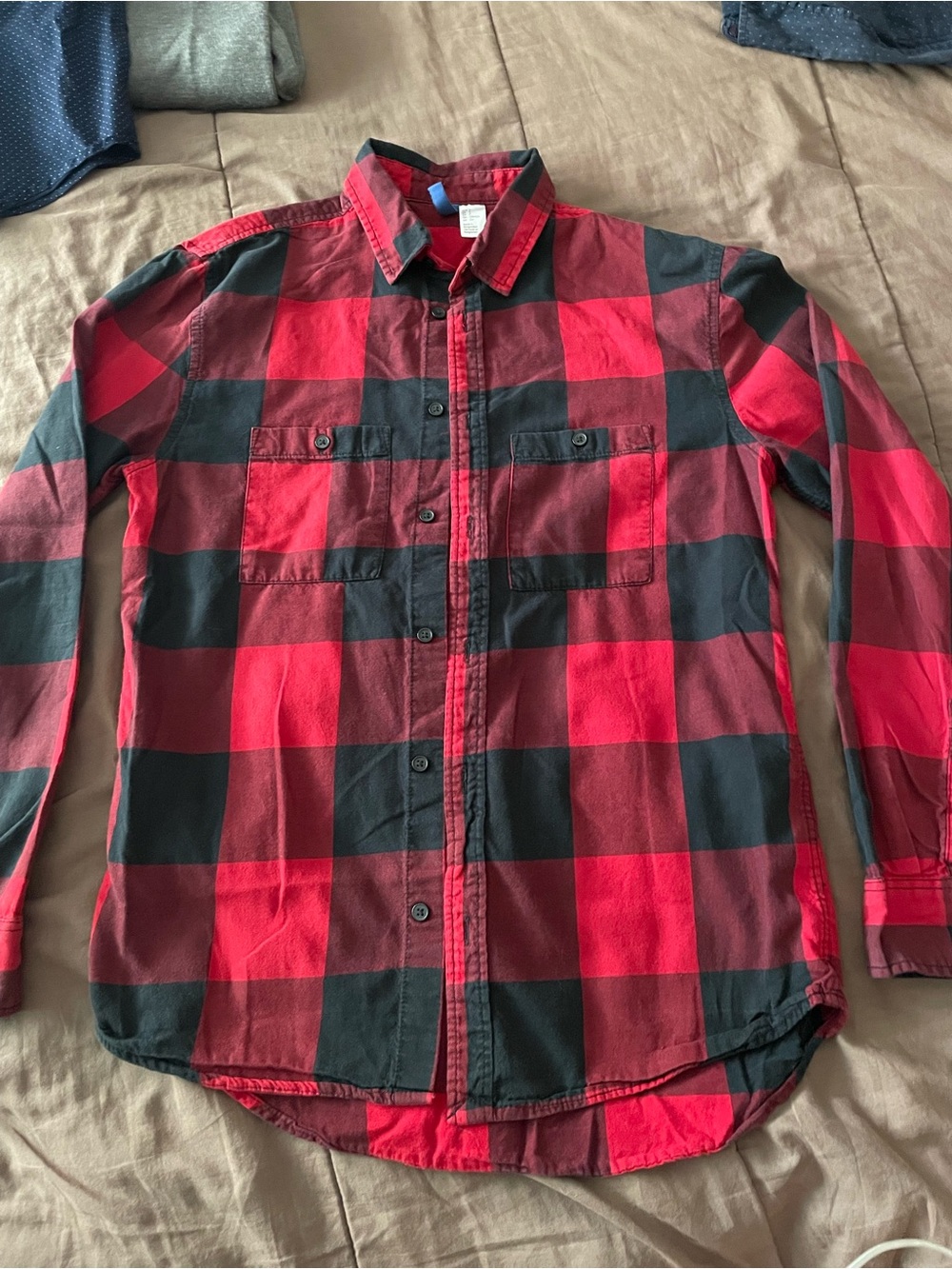 H&M Red and Black Plaid Button-Down Shirt